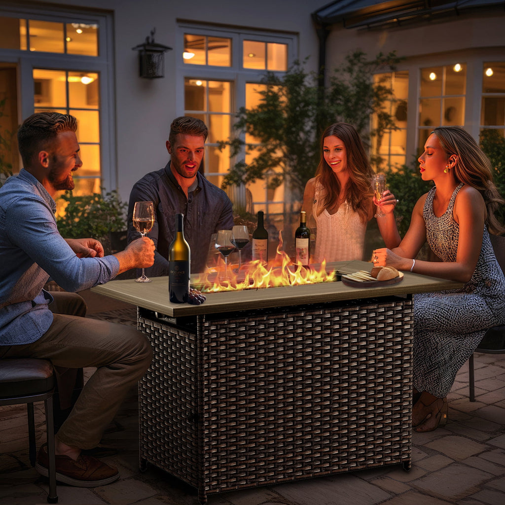 Bellefurn Luxury Patio Furniture Sets with 41” Propane Fire Pit Table,Rattan Outdoor Deep Seating Conversation Set with Swivel Glider Patio Chair,Rattan Sofa&Ottomans for Porch Backyard