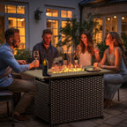 Bellefurn Luxury Patio Furniture Sets with 41” Propane Fire Pit Table,Rattan Outdoor Deep Seating Conversation Set with Swivel Glider Patio Chair,Rattan Sofa&Ottomans for Porch Backyard