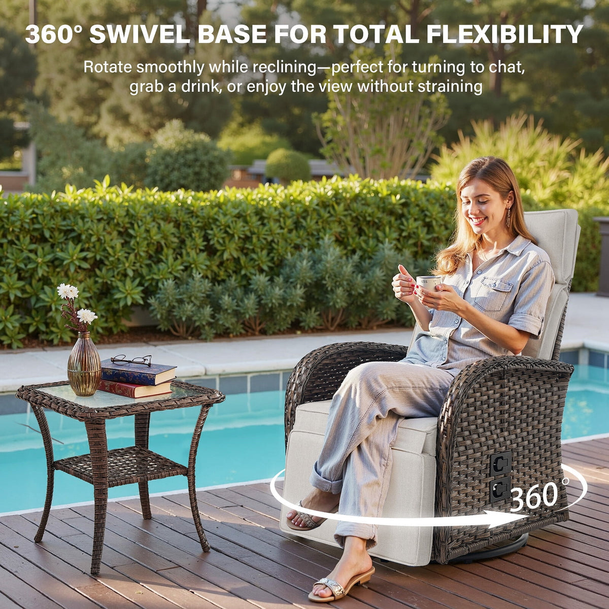 Bellefurn Outdoor Swivel Recliner Chairs with Side Table,Patio Wicker Recliner Chairs Outdoor Lounge Chairs with Thickness Cushions,Adjustable Angle,Reclining Lounge Chair for Outdoor,Pool,Garden