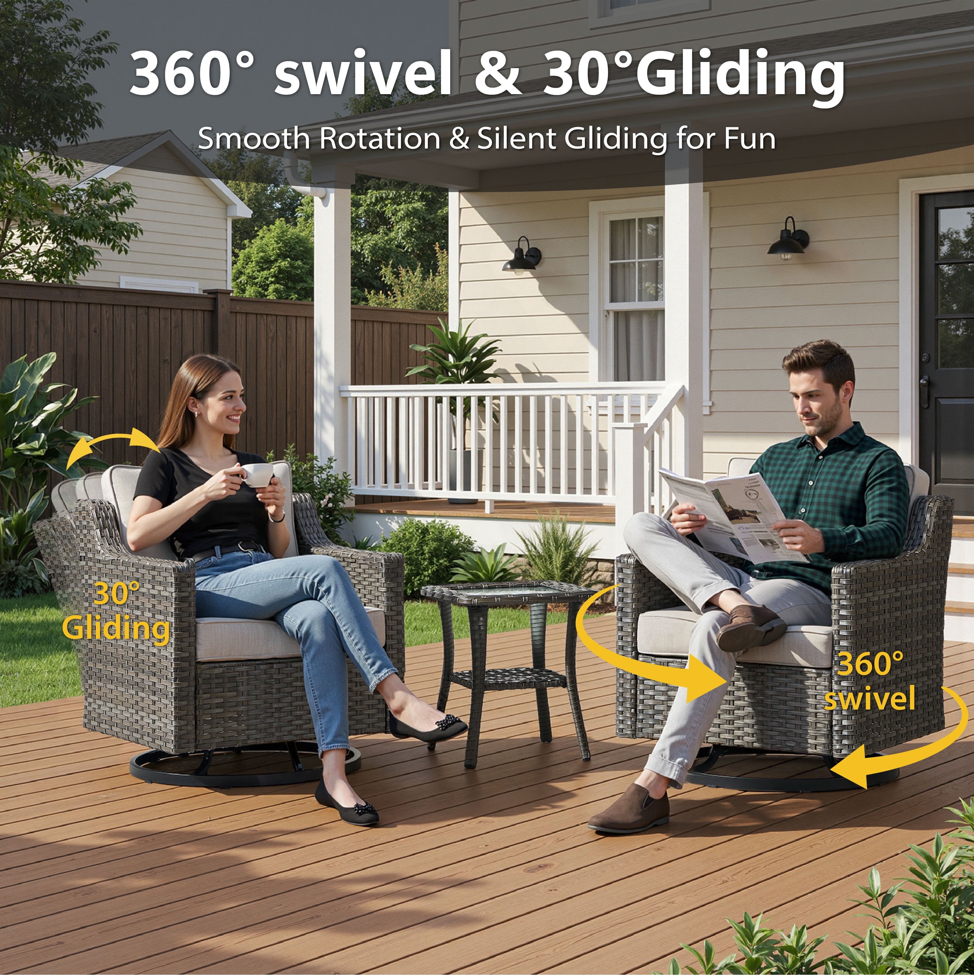 Bellefurn Outdoor Wicker Rocking Chair Patio Swivel Chairs Set of 2,Patio Swivel Rocker Rattan Furniture Sets for Outdoor Porch Deck Garden Backyard
