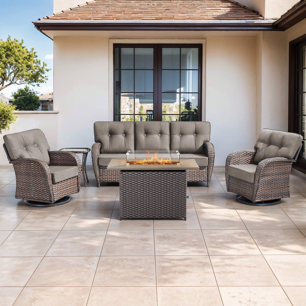 Luxury 6 Piece Outdoor Patio Wicker Furniture Sets with Swivel Rocker Patio Chairs,Sofa and Ottomans,High Back Outdoor Conversation Set for Porch Balcony Deck