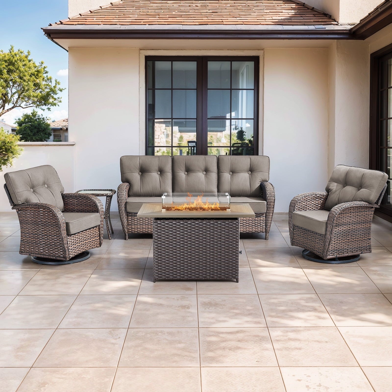 Luxury 6 Piece Outdoor Patio Wicker Furniture Sets with Swivel Rocker Patio Chairs,Sofa and Ottomans,High Back Outdoor Conversation Set for Porch Balcony Deck