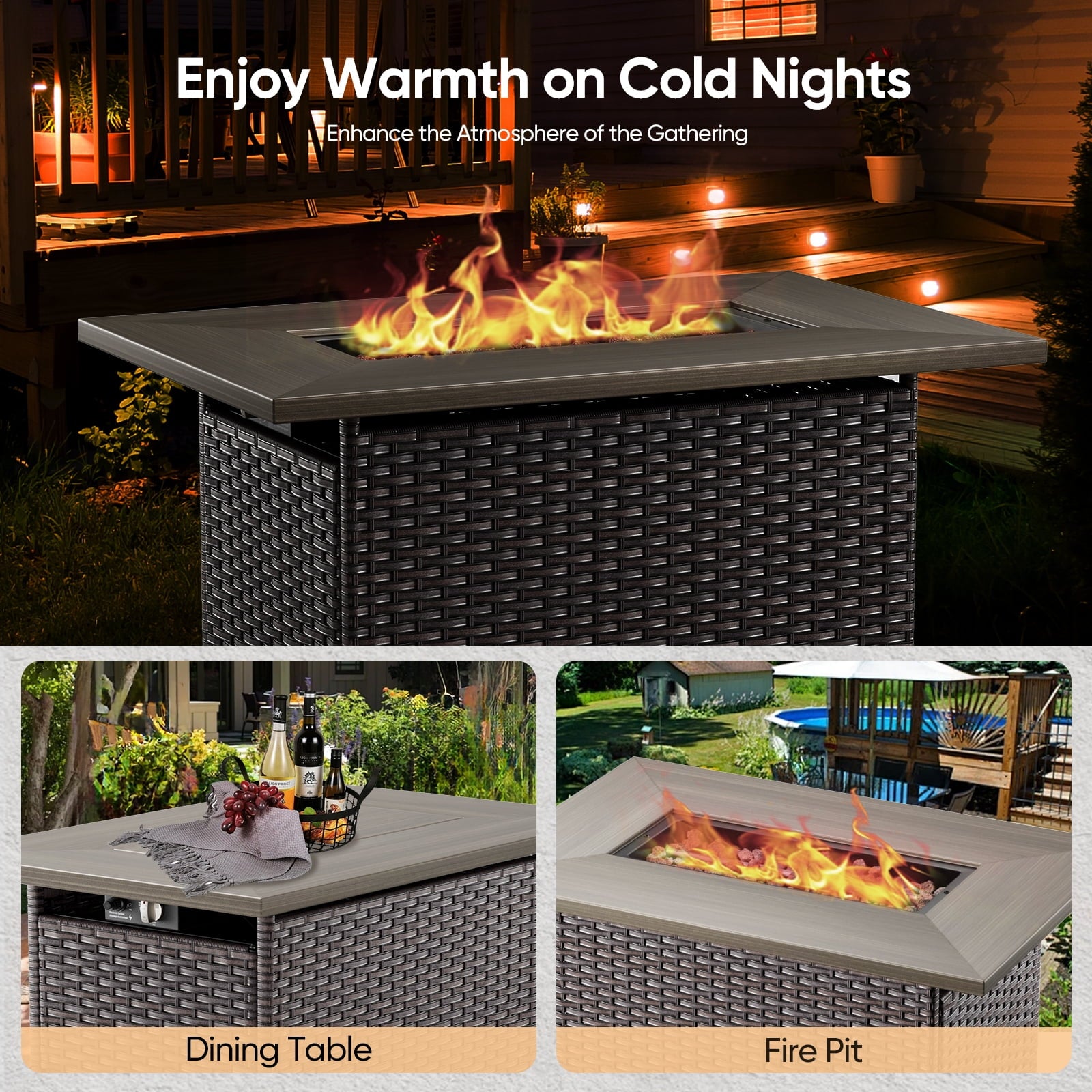 Bellefurn Luxury Patio Furniture Sets with 41” Propane Fire Pit Table,Rattan Outdoor Deep Seating Conversation Set with Swivel Glider Patio Chair,Rattan Sofa&Ottomans for Porch Backyard