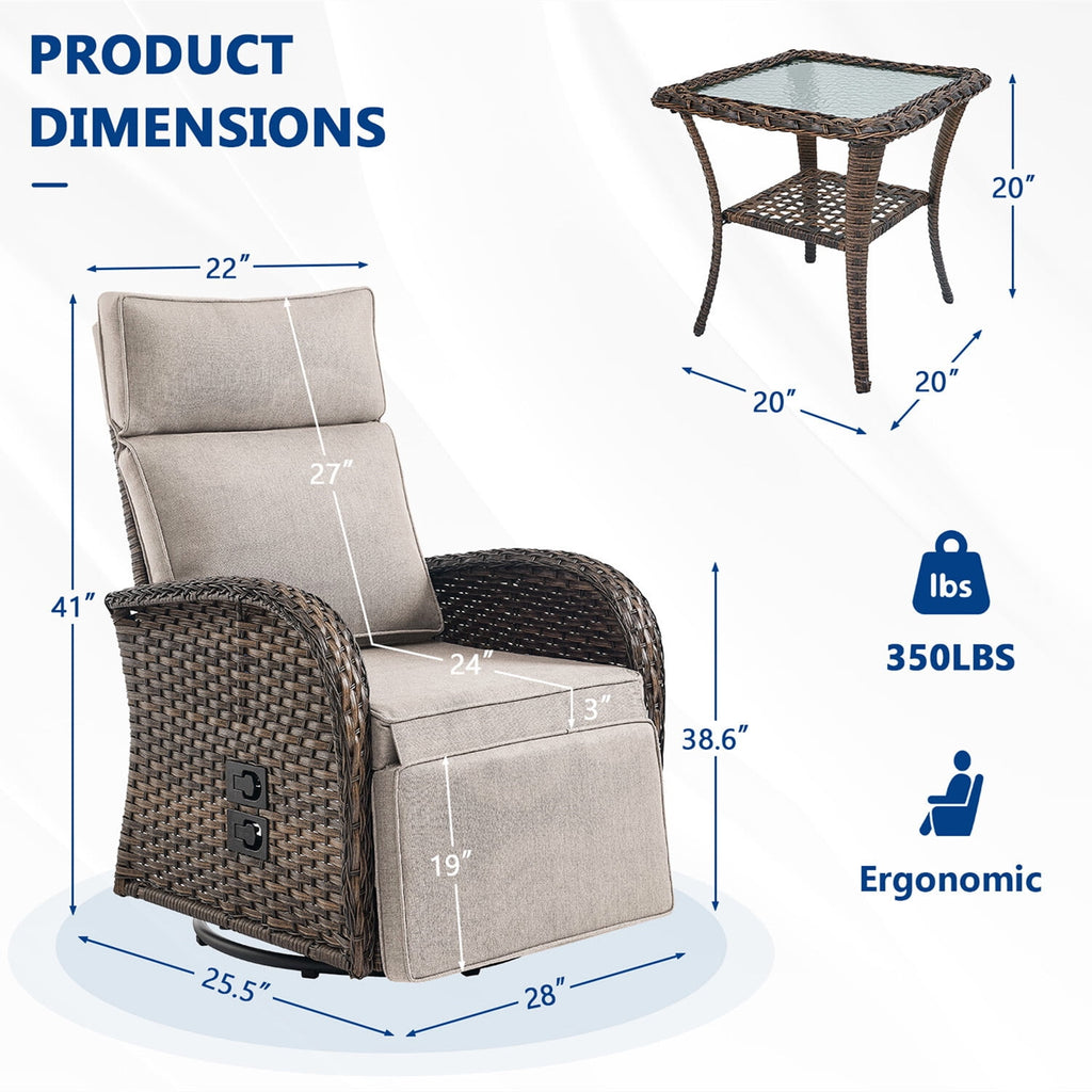 Bellefurn Outdoor Swivel Recliner Chairs with Side Table,Patio Wicker Recliner Chairs Outdoor Lounge Chairs with Thickness Cushions,Adjustable Angle,Reclining Lounge Chair for Outdoor,Pool,Garden