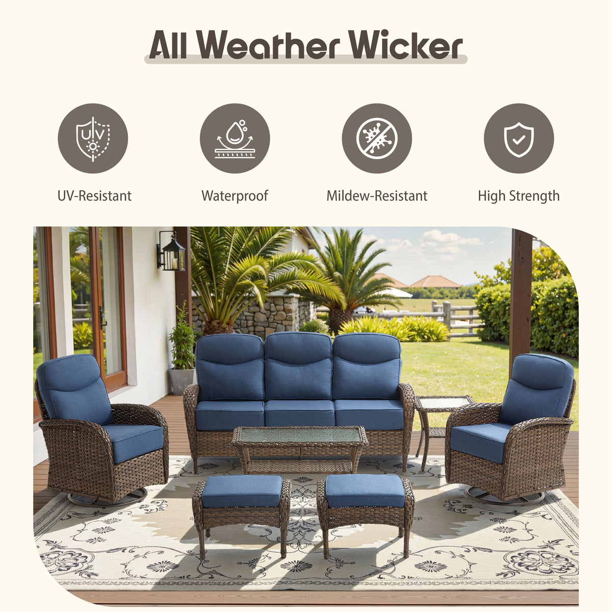 Bellefurn Outdoor Swivel Rocker Patio Chairs with 6" Thick Cushions,Wicker Swivel Chairs Set of 2 with Side Table,All-Weather Conversation Chairs for Porch,Balcony,Backyard,Deck & Fire Pit Area