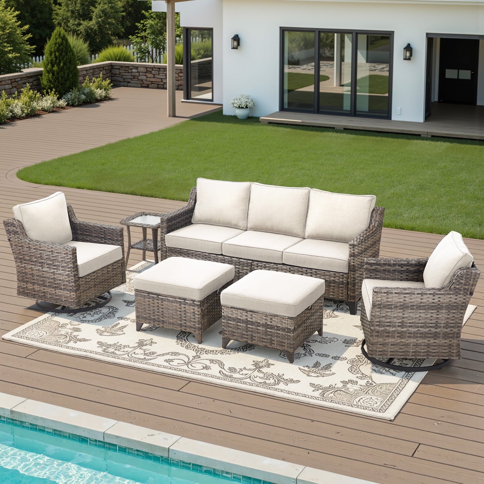 Patio Furniture Sets with Swivel Chairs,All-Weather Outdoor Patio Conversation Sets with High Back Outdoor Swivel Rocker Chairs,Couch,Coffee Tabel and Ottomans for Porch Deck Backyard