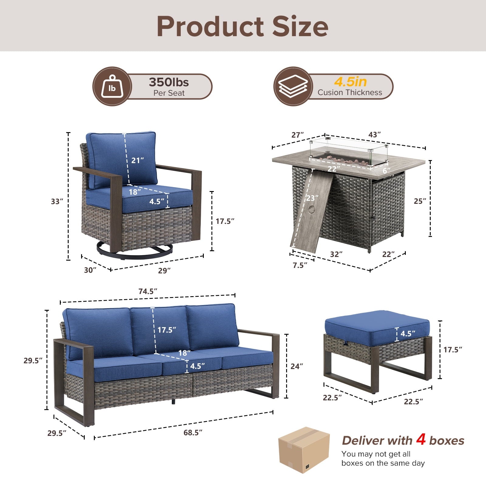Bellefurn Luxury Patio Furniture Sets with 41” Propane Fire Pit Table,Rattan Outdoor Deep Seating Conversation Set with Swivel Glider Patio Chair,Rattan Sofa&Ottomans for Porch Backyard