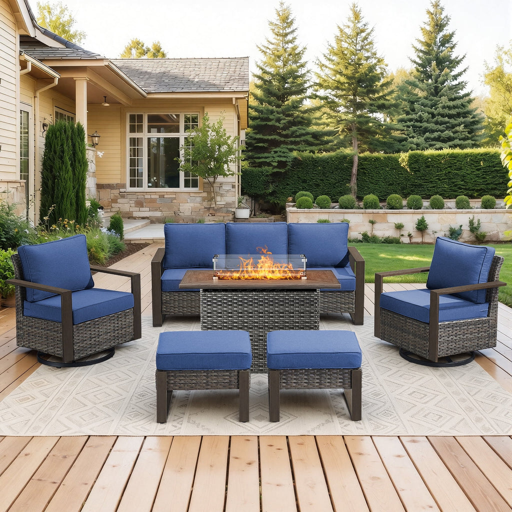 Bellefurn Luxury Patio Furniture Sets with 41” Propane Fire Pit Table,Rattan Outdoor Deep Seating Conversation Set with Swivel Glider Patio Chair,Rattan Sofa&Ottomans for Porch Backyard