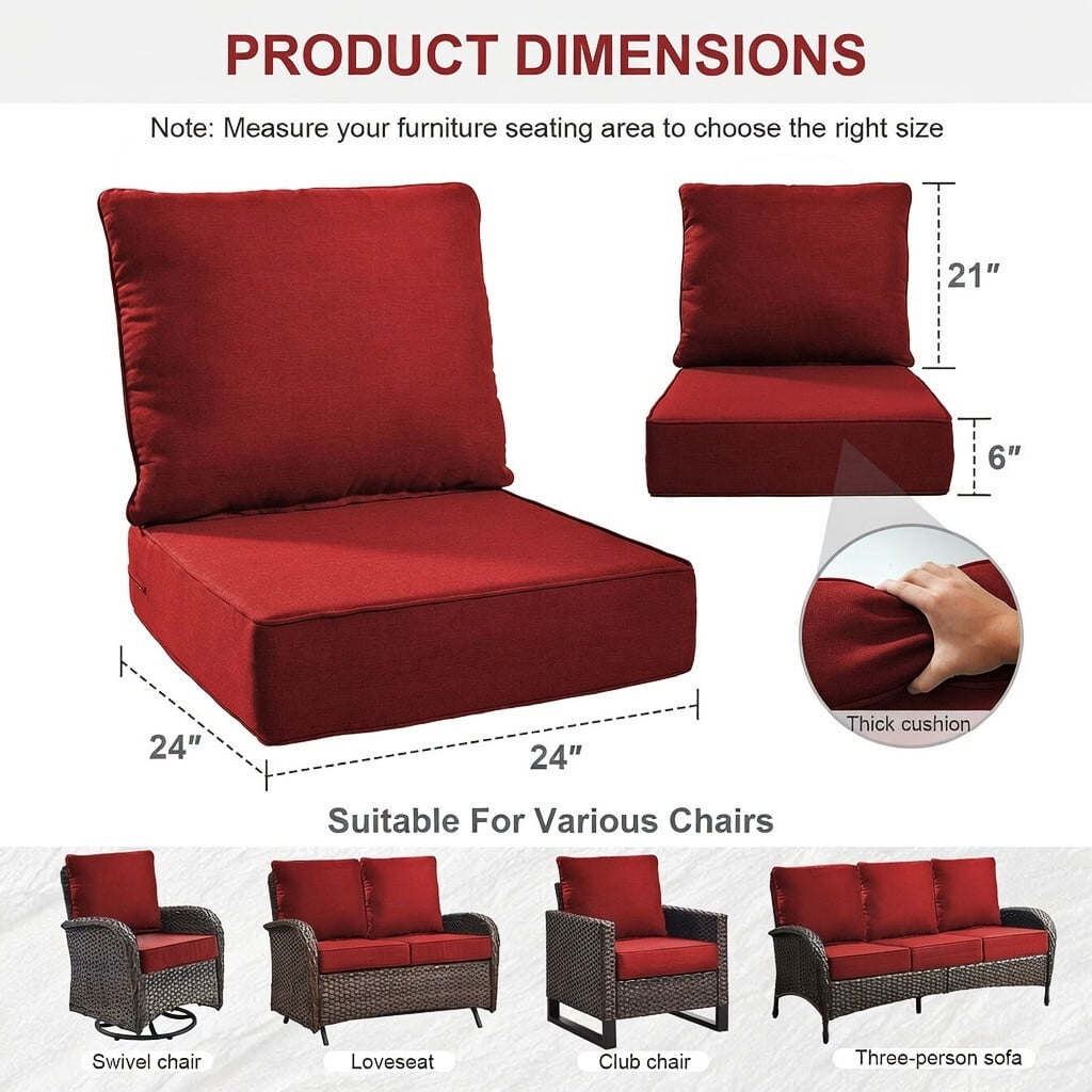 Bellefurn Outdoor Deep Seat Cushion 24 X 24 X 6 inch for Patio Furniture,Outdoor Chair Cushions Waterproof & Fade Resistant Patio Furniture Cushions for Wicker Chair, Sofa, Couch