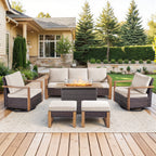 Bellefurn 6 Pieces Patio Furniture Sets with 41” Propane Fire Pit Table,Rattan Outdoor Conversation Sets with Swivel Glider Chairs Sofa and Ottomans for Porch Backyard Balcony