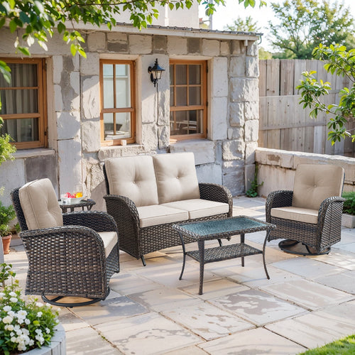 Bellefurn 5 Pieces Outdoor Patio Furniture Sets with Swivel Rocker Chairs Rattan Glider Loveseat and Coffee Table,Wicker Outdoor Conversation Sets for Porch Deck Backyard Poolside