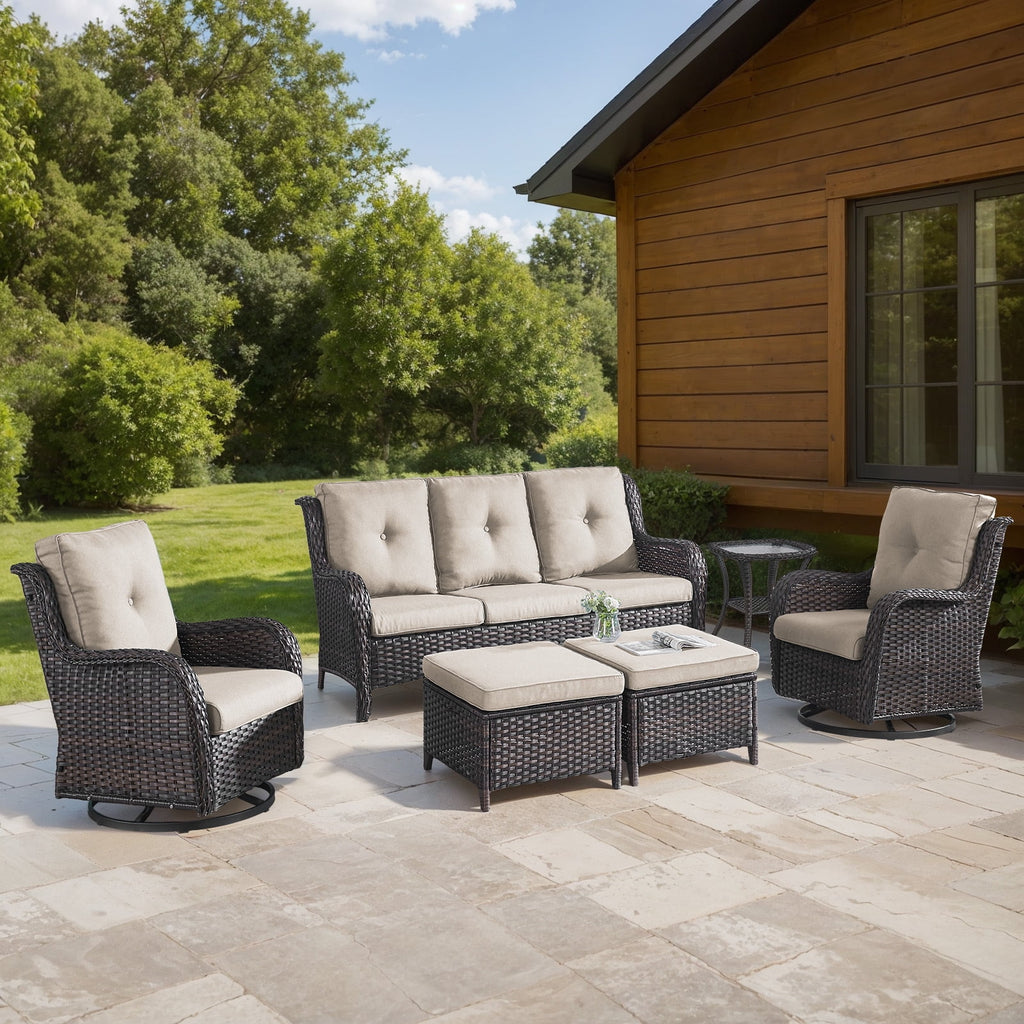 Bellefurn Outdoor Patio Furniture Sets with Swivel Rocker Chairs,3-Seat Sofa and Ottoman High-Back Rattan Patio Conversation Sets for Porch Deck Backyard Poolside