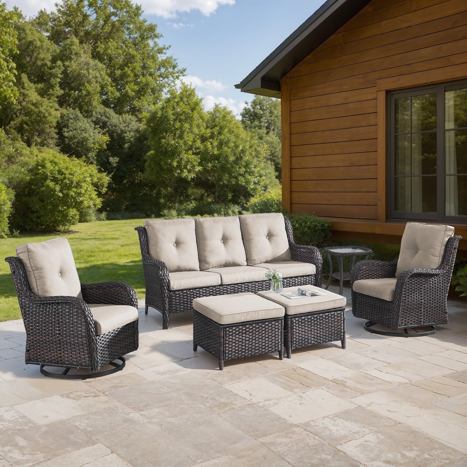 Bellefurn Outdoor Patio Furniture Sets with Swivel Rocker Chairs,3-Seat Sofa and Ottoman High-Back Rattan Patio Conversation Sets for Porch Deck Backyard Poolside
