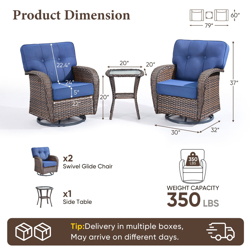 Bellefurn Outdoor Swivel Rocker Patio Chairs with 5" Thick Cushions,High Back Wicker Outdoor Swivel Chairs with Table,Patio Swivel Glider Chairs for Porch,Balcony,Garden,Deck & Backyard