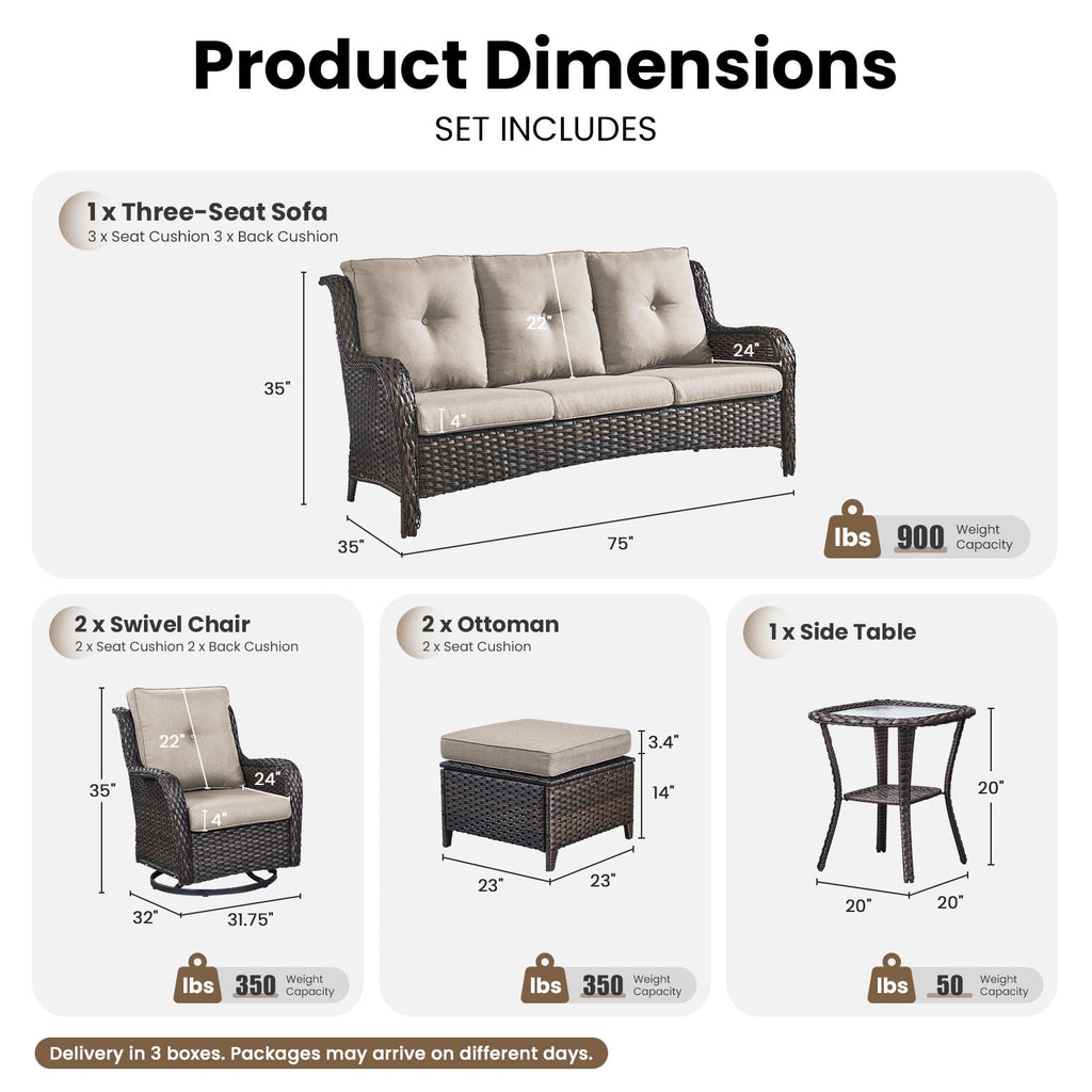 Bellefurn Outdoor Patio Furniture Sets with Swivel Rocker Chairs,3-Seat Sofa and Ottoman High-Back Rattan Patio Conversation Sets for Porch Deck Backyard Poolside