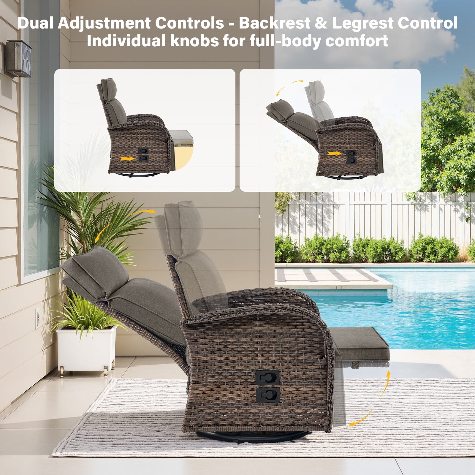 Bellefurn Outdoor Swivel Recliner Chairs Set of 2,Patio Wicker Recliner Chairs Outdoor Lounge Chairs with Thickness Cushions,Adjustable Angle,Reclining Lounge Chair for Outdoor,Pool,Garden