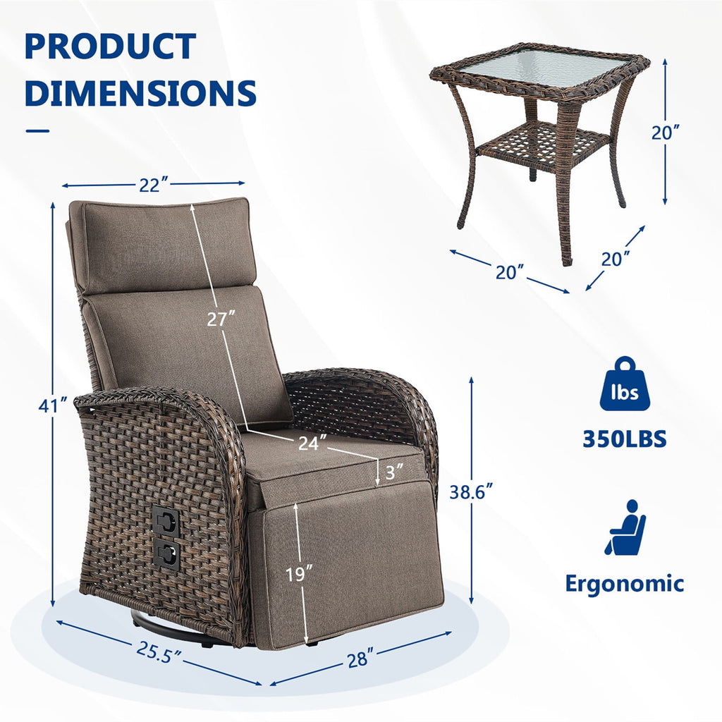 Bellefurn Outdoor Swivel Recliner Chairs Set of 2,Patio Wicker Recliner Chairs Outdoor Lounge Chairs with Thickness Cushions,Adjustable Angle,Reclining Lounge Chair for Outdoor,Pool,Garden