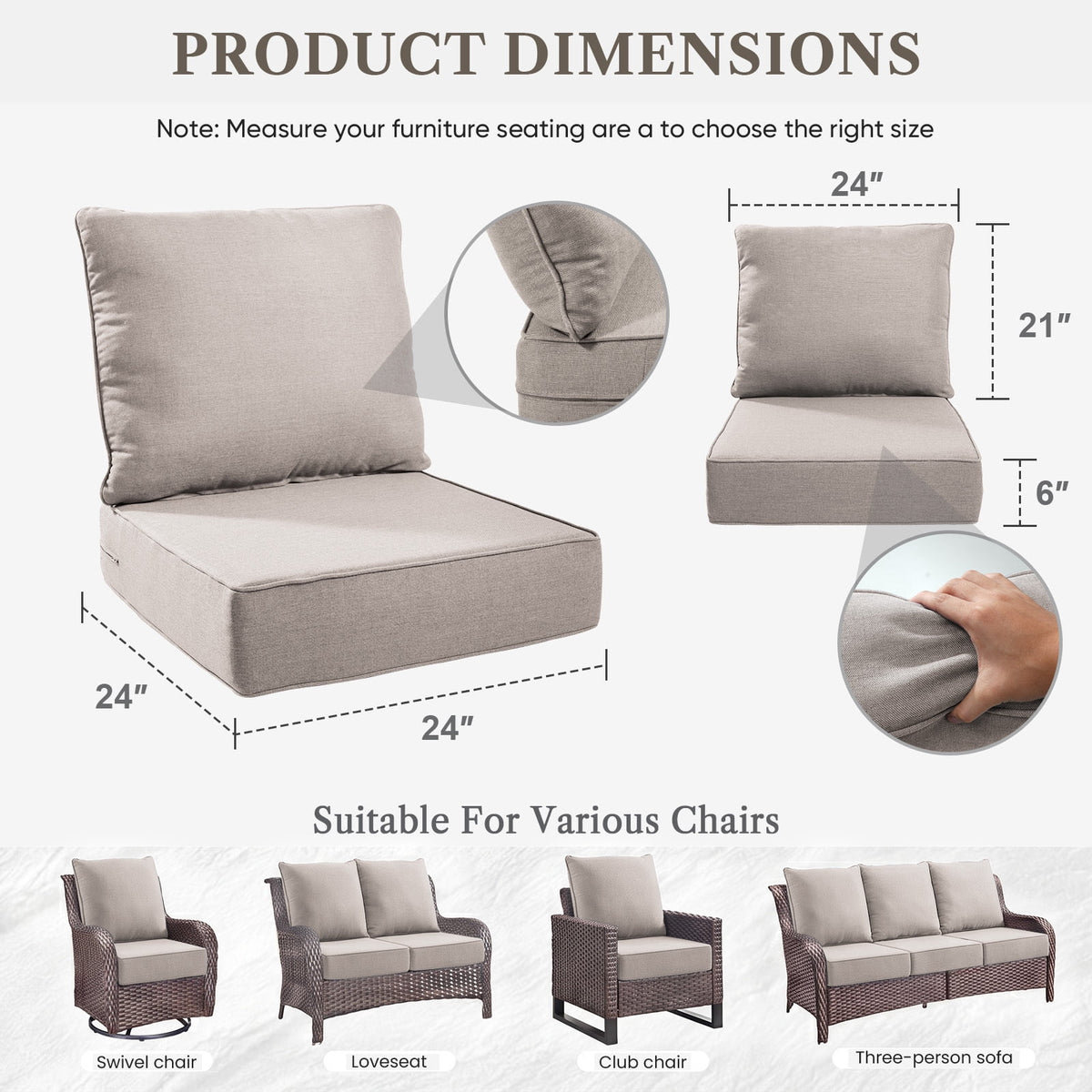 Bellefurn Outdoor Deep Seat Cushion 24 X 24 X 6 inch for Patio Furniture,Outdoor Chair Cushions Waterproof & Fade Resistant Patio Furniture Cushions for Wicker Chair, Sofa, Couch