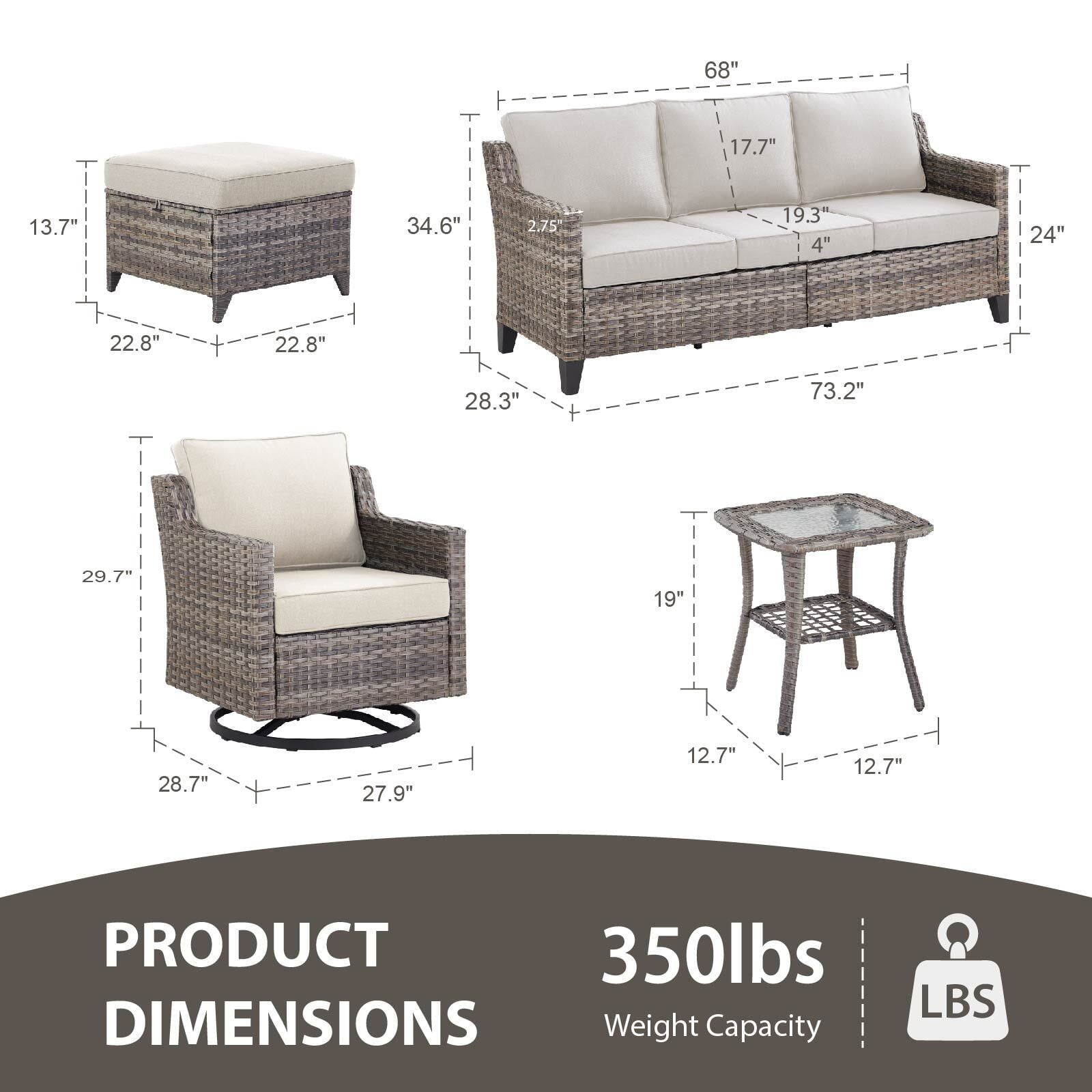 Patio Furniture Sets with Swivel Chairs,All-Weather Outdoor Patio Conversation Sets with High Back Outdoor Swivel Rocker Chairs,Couch,Coffee Tabel and Ottomans for Porch Deck Backyard