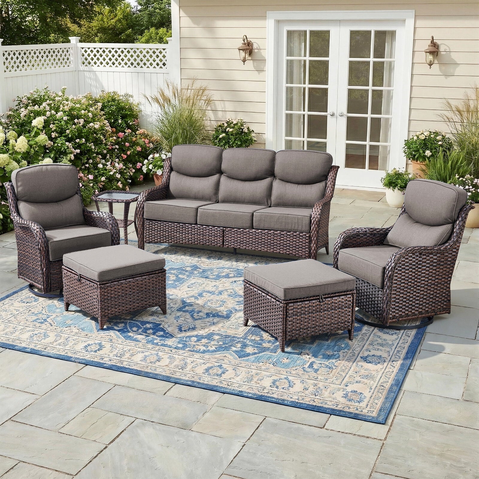 Bellefurn Luxury Outdoor Patio Furniture Sets Outdoor Conversation Sets with Swivel Rocker Patio Chairs with 6" Thick Cushion,Sofa and Glass Coffee Table for Porch Deck Backyard Poolside
