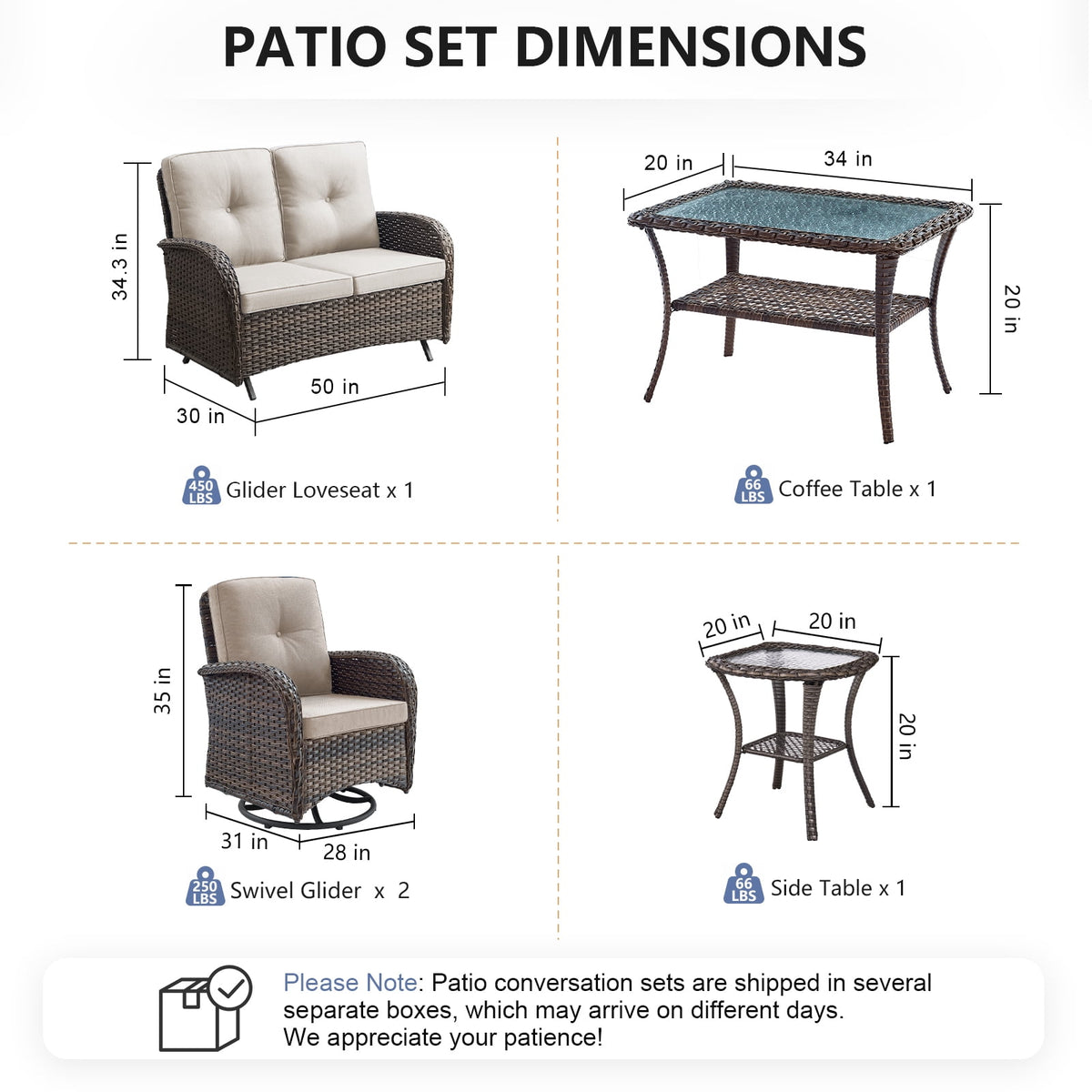 Bellefurn 5 Pieces Outdoor Patio Furniture Sets with Swivel Rocker Chairs Rattan Glider Loveseat and Coffee Table,Wicker Outdoor Conversation Sets for Porch Deck Backyard Poolside