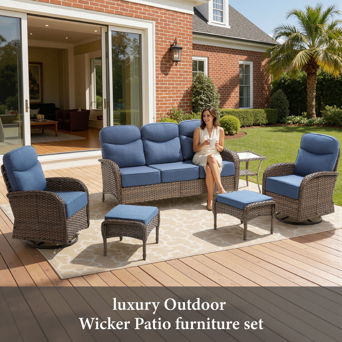 Bellefurn 10-Piece Patio Furniture Set with High Back Swivel Rocker Chairs, 6" Thick Cushions, All-Weather Wicker Outdoor Conversation Set, Sofa, Coffee Table and Ottomans for Porch, Deck, Backyard