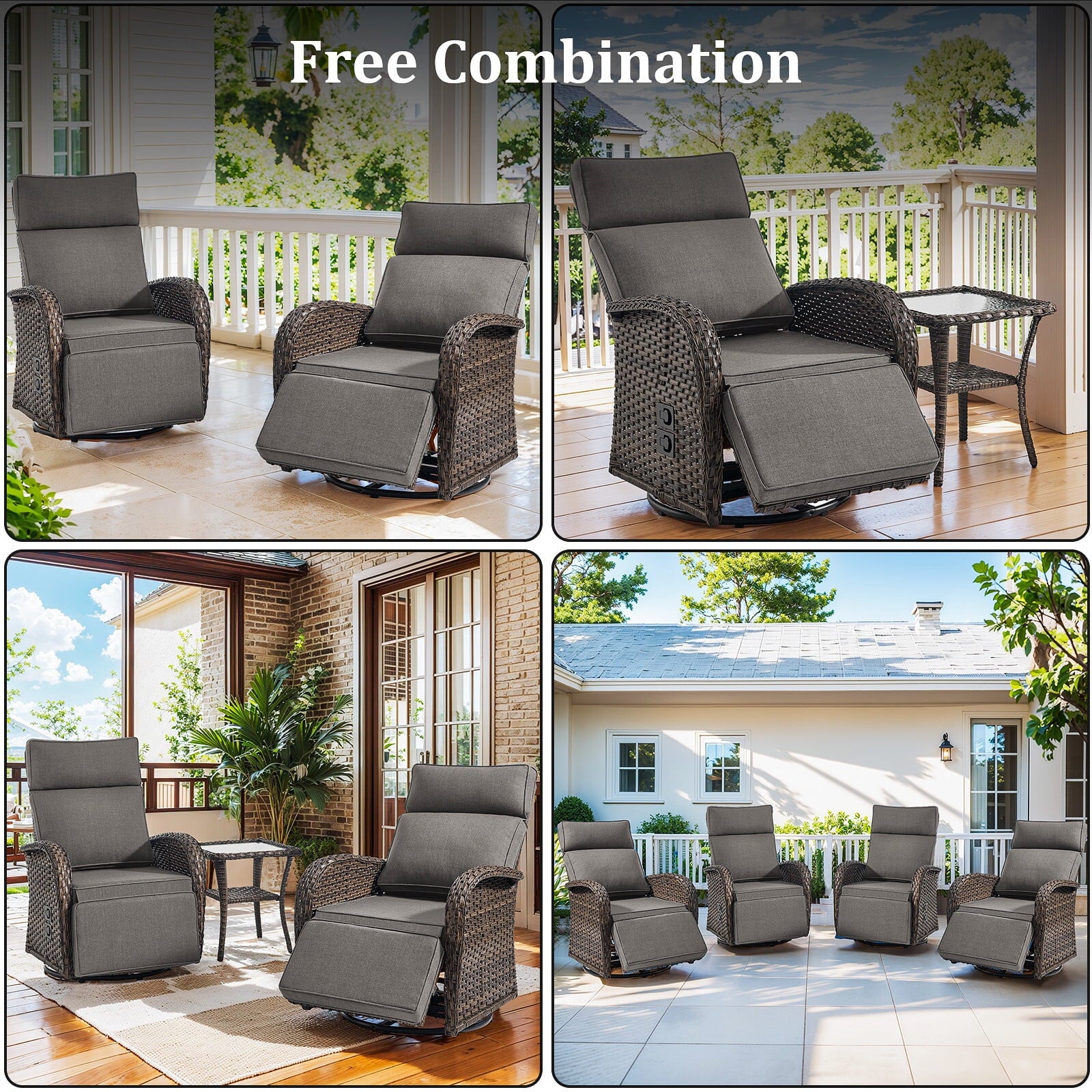 Bellefurn Outdoor Swivel Recliner Chairs Set of 2,Patio Wicker Recliner Chairs Outdoor Lounge Chairs with Thickness Cushions,Adjustable Angle,Reclining Lounge Chair for Outdoor,Pool,Garden
