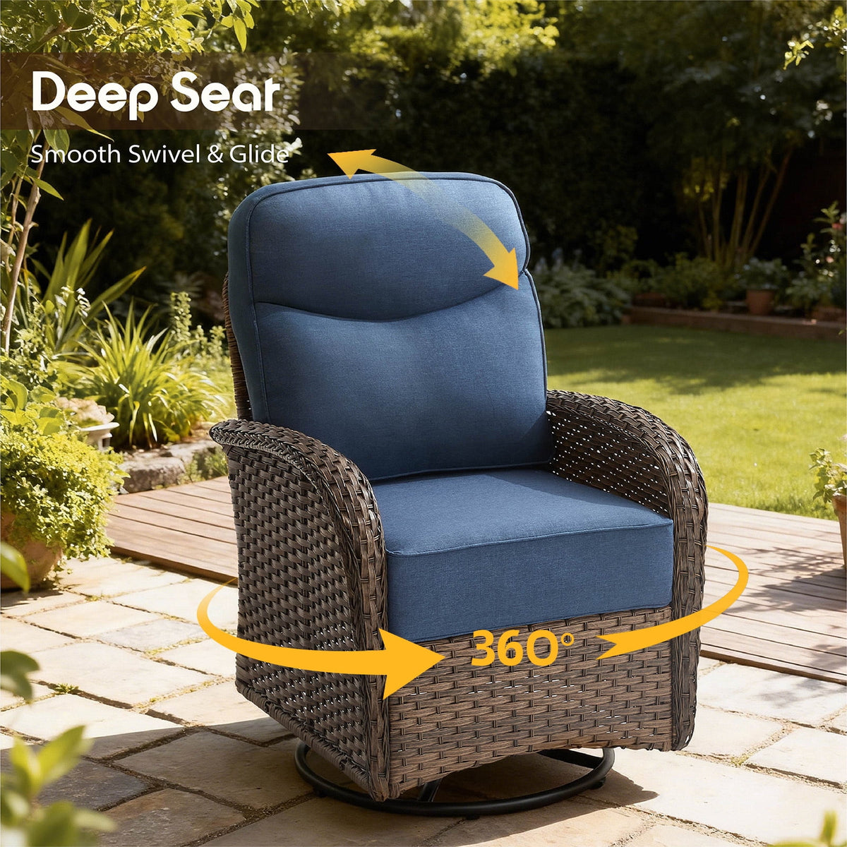 Bellefurn Outdoor Swivel Rocker Patio Chairs with 6" Thick Cushions,Wicker Swivel Chairs Set of 2 with Side Table,All-Weather Conversation Chairs for Porch,Balcony,Backyard,Deck & Fire Pit Area