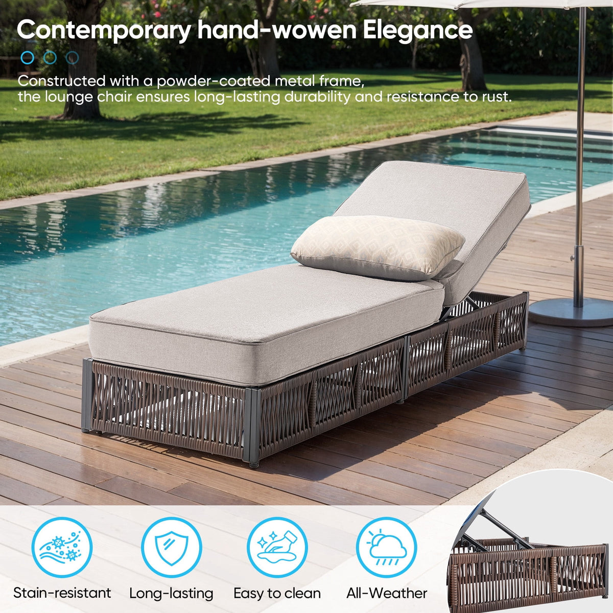 Bellefurn Outdoor Wicker Chaise Lounge with 5" Thick Cushion,High-Back Patio Lounge Chair with 5-Position Adjustable Backrest,All-Weather Rattan Recliner for Poolside,Backyard,Garden & Deck