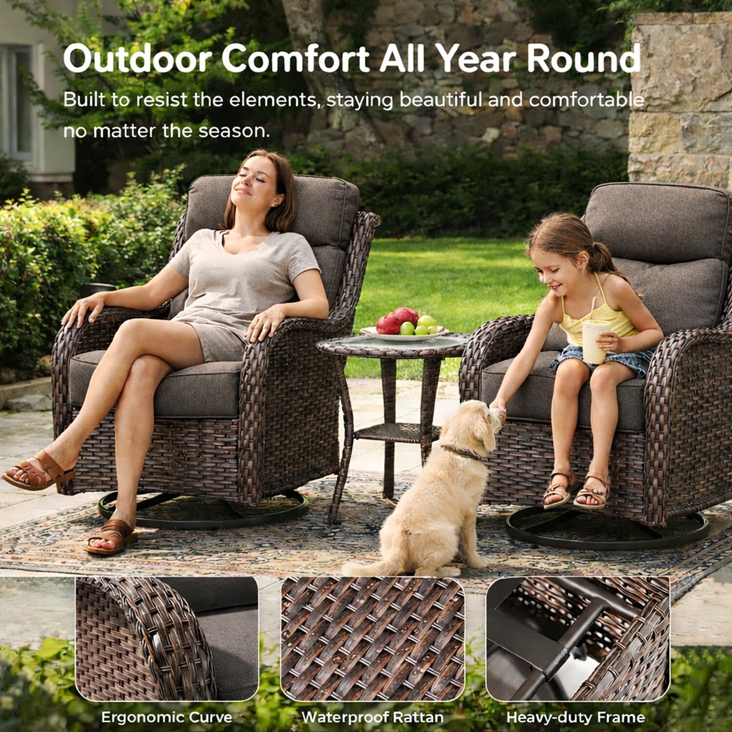 Bellefurn Outdoor Swivel Rocker Patio Chairs with Side Table,Patio Swivel Chairs Set of 2 Wicker Patio Chairs Patio Furniture Set for Porch Balcony Garden Deck Yard