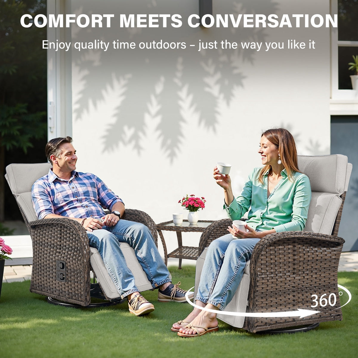 Bellefurn Outdoor Swivel Recliner Chairs with Side Table,Patio Wicker Recliner Chairs Outdoor Lounge Chairs with Thickness Cushions,Adjustable Angle,Reclining Lounge Chair for Outdoor,Pool,Garden