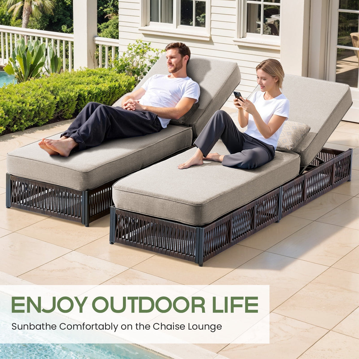 Bellefurn Outdoor Wicker Chaise Lounge with 5" Thick Cushion,High-Back Patio Lounge Chair with 5-Position Adjustable Backrest,All-Weather Rattan Recliner for Poolside,Backyard,Garden & Deck