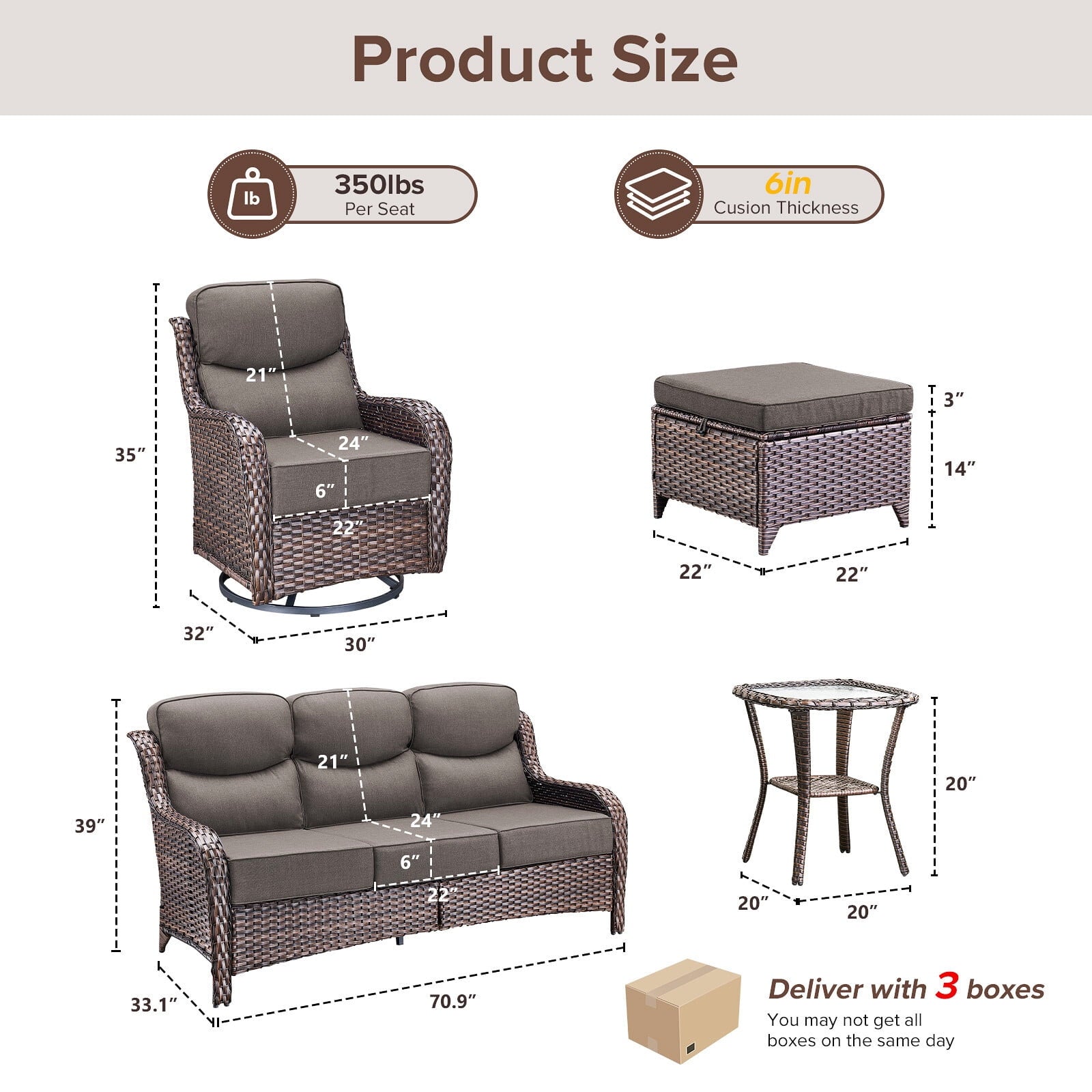 Bellefurn Luxury Outdoor Patio Furniture Sets Outdoor Conversation Sets with Swivel Rocker Patio Chairs with 6" Thick Cushion,Sofa and Glass Coffee Table for Porch Deck Backyard Poolside