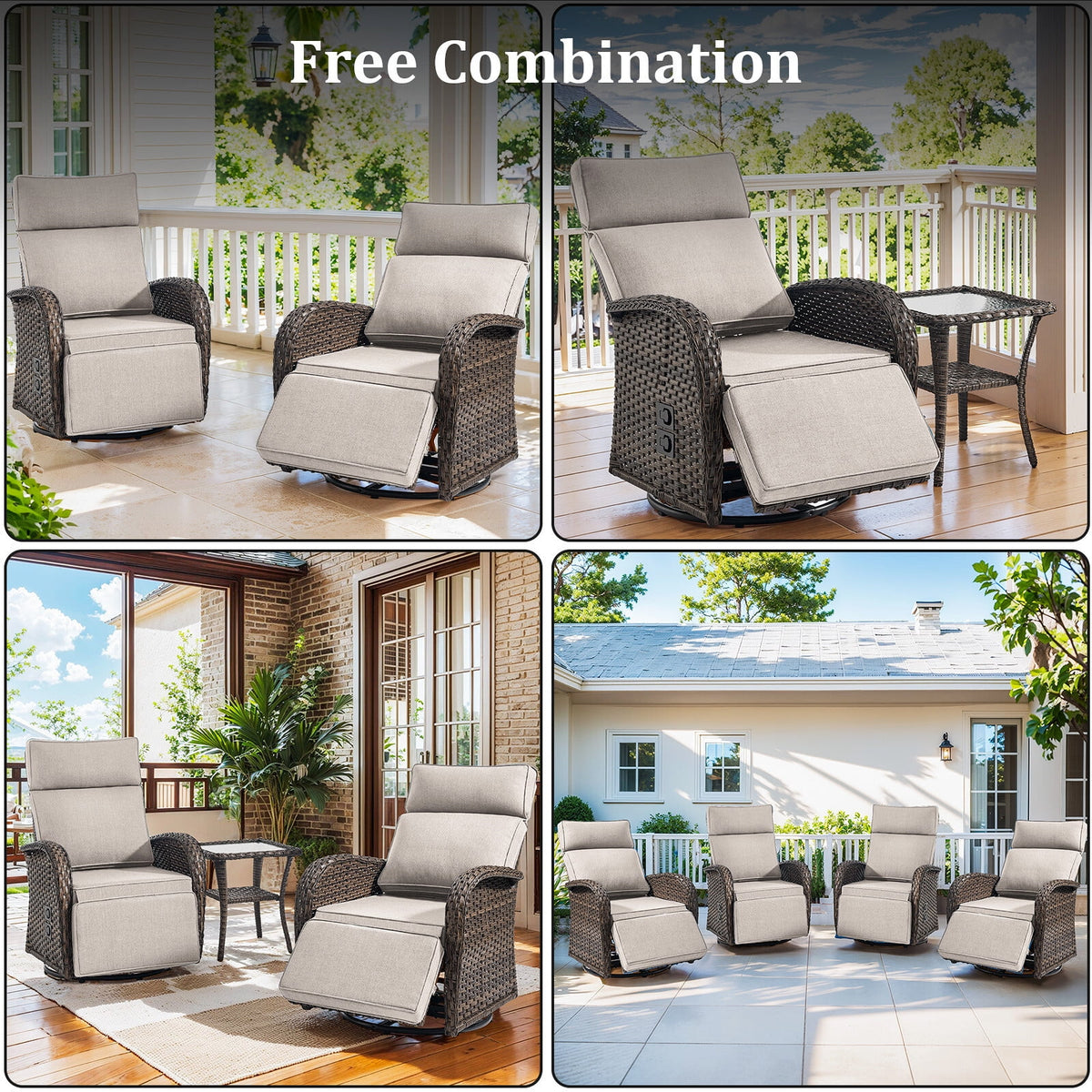 Bellefurn Outdoor Swivel Recliner Chairs with Side Table,Patio Wicker Recliner Chairs Outdoor Lounge Chairs with Thickness Cushions,Adjustable Angle,Reclining Lounge Chair for Outdoor,Pool,Garden