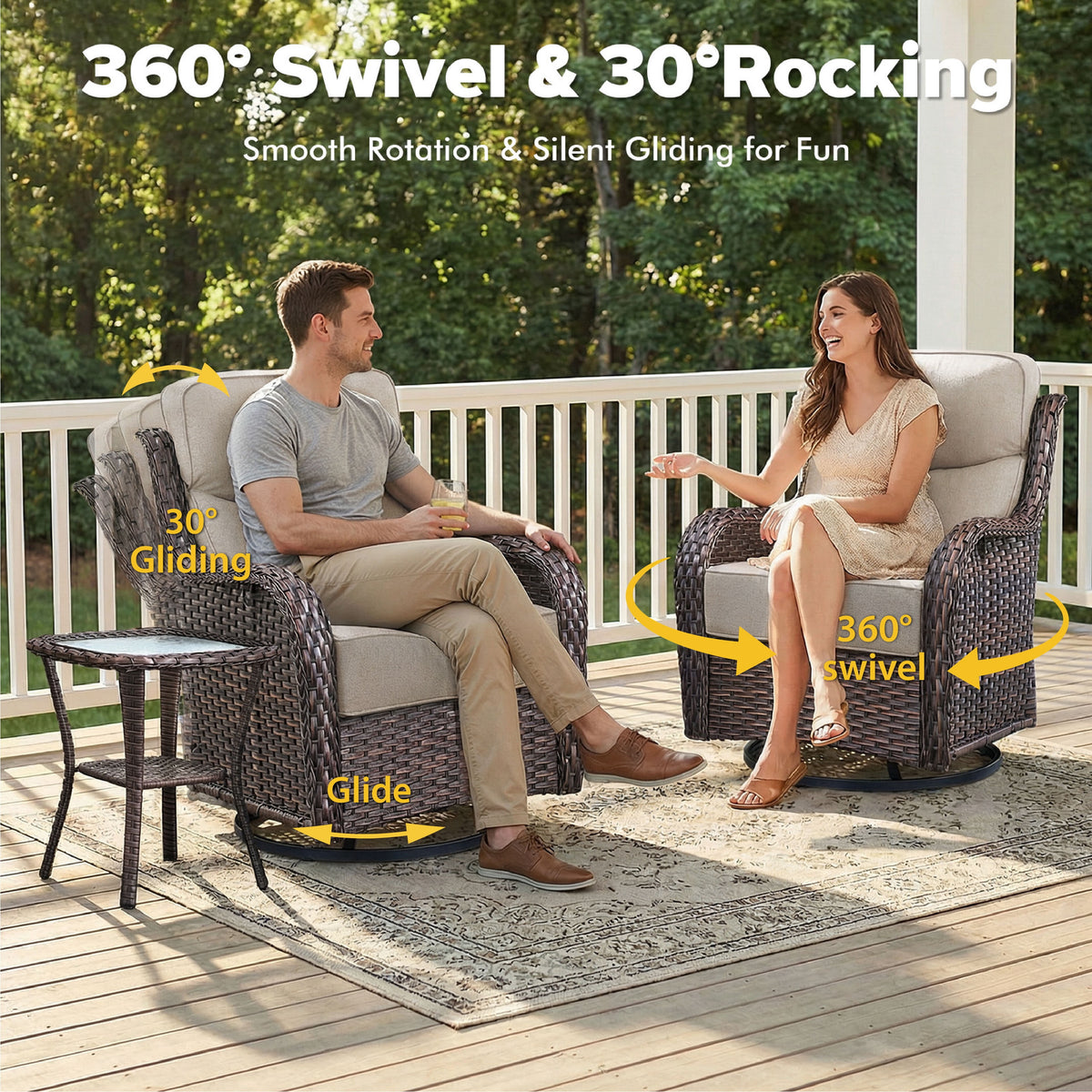 Bellefurn Outdoor Swivel Rocker Patio Chairs with 6" Thick Cushions,Patio Swivel Chairs Set of 2 Wicker Patio Chairs Patio Furniture Set for Porch Balcony Garden Deck Yard
