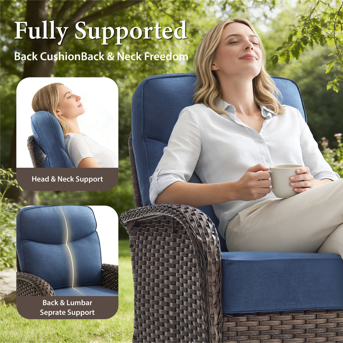 Bellefurn Outdoor Swivel Rocker Patio Chairs with 6" Thick Cushions,Wicker Swivel Chairs Set of 2 with Side Table,All-Weather Conversation Chairs for Porch,Balcony,Backyard,Deck & Fire Pit Area