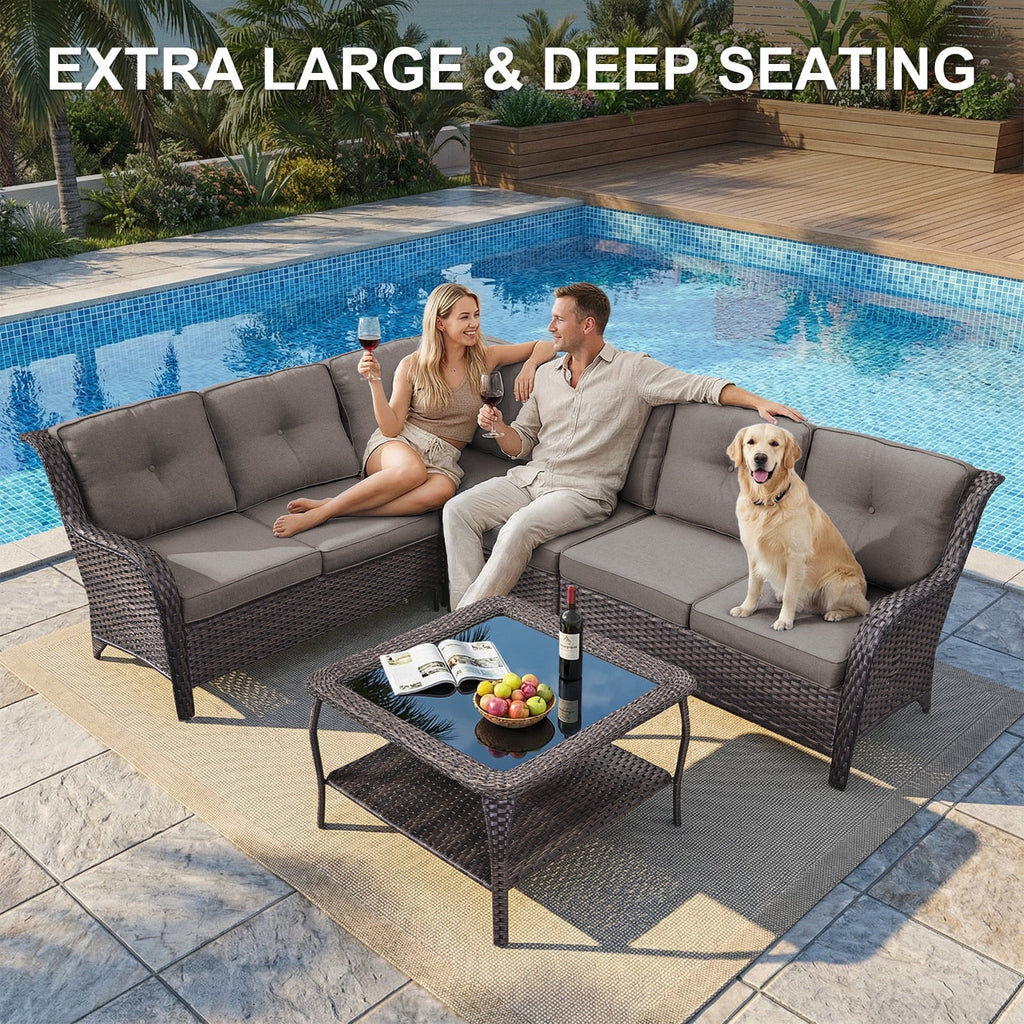 Bellefurn Outdoor Patio Furniture Set,Wicker Sectional Sofa Set with Coffee Table, L-Shaped All Weather Rattan Conversation Set for Backyard,Porch,Deck and Garden