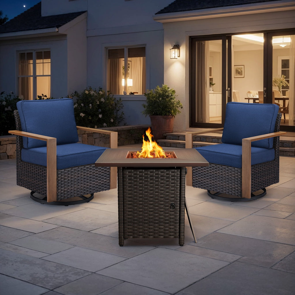 Bellefurn Luxury Patio Furniture Sets with 41” Propane Fire Pit Table,Rattan Outdoor Deep Seating Conversation Set with Swivel Glider Patio Chair,Rattan Sofa&Ottomans for Porch Backyard