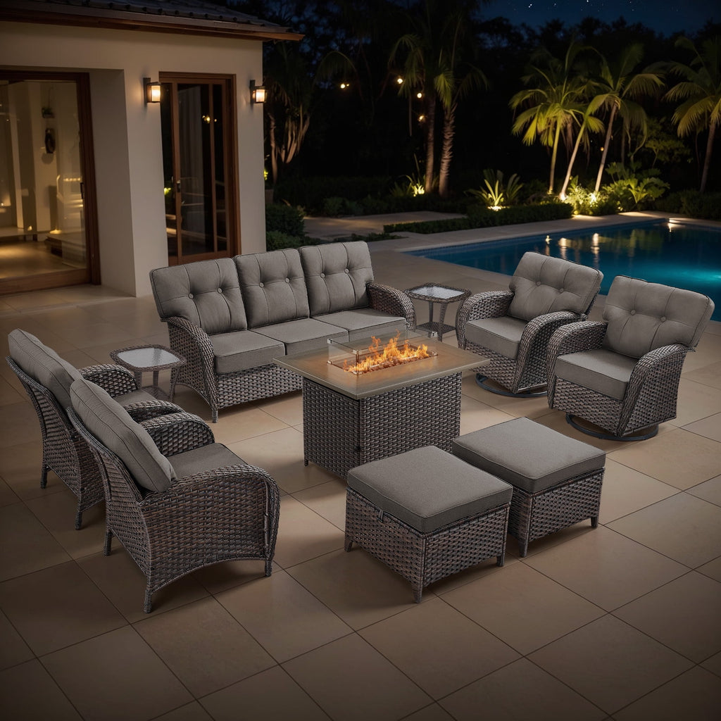 Luxury 6 Piece Outdoor Patio Wicker Furniture Sets with Swivel Rocker Patio Chairs,Sofa and Ottomans,High Back Outdoor Conversation Set for Porch Balcony Deck
