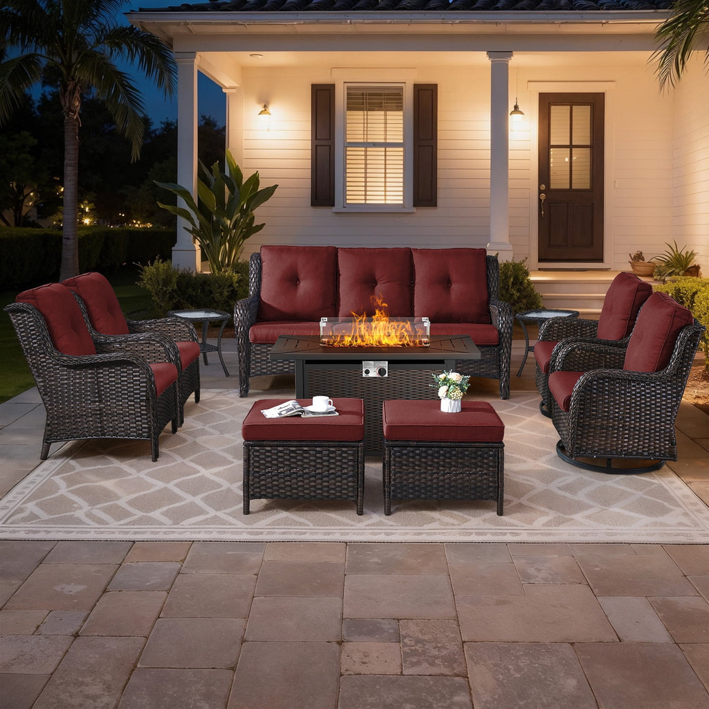 Bellefurn Outdoor Patio Furniture Sets with Swivel Rocker Chairs,3-Seat Sofa and Ottoman High-Back Rattan Patio Conversation Sets for Porch Deck Backyard Poolside