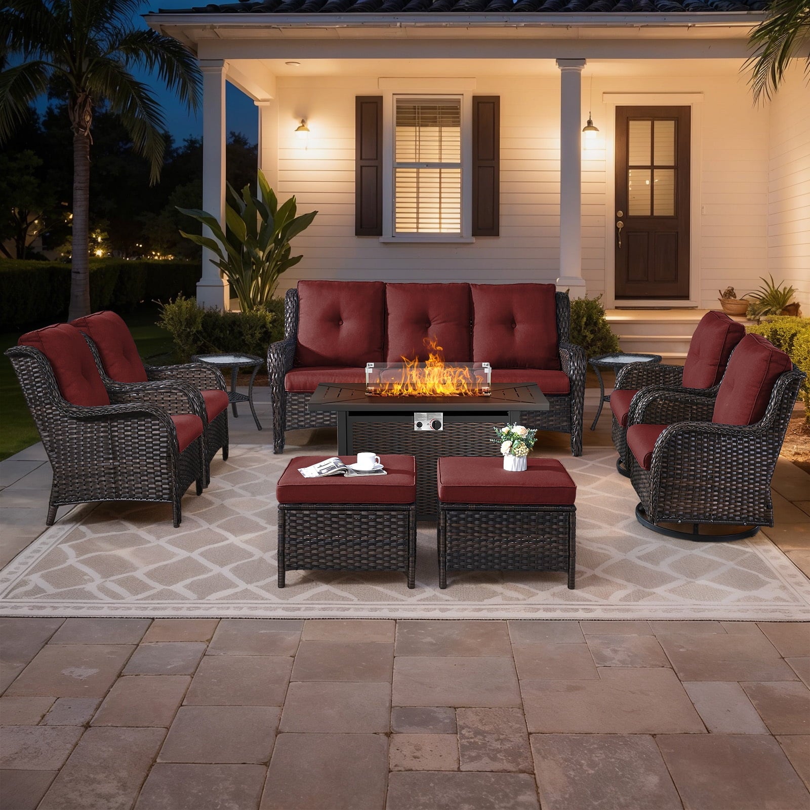 Bellefurn Outdoor Patio Furniture Sets with Swivel Rocker Chairs,3-Seat Sofa and Ottoman High-Back Rattan Patio Conversation Sets for Porch Deck Backyard Poolside