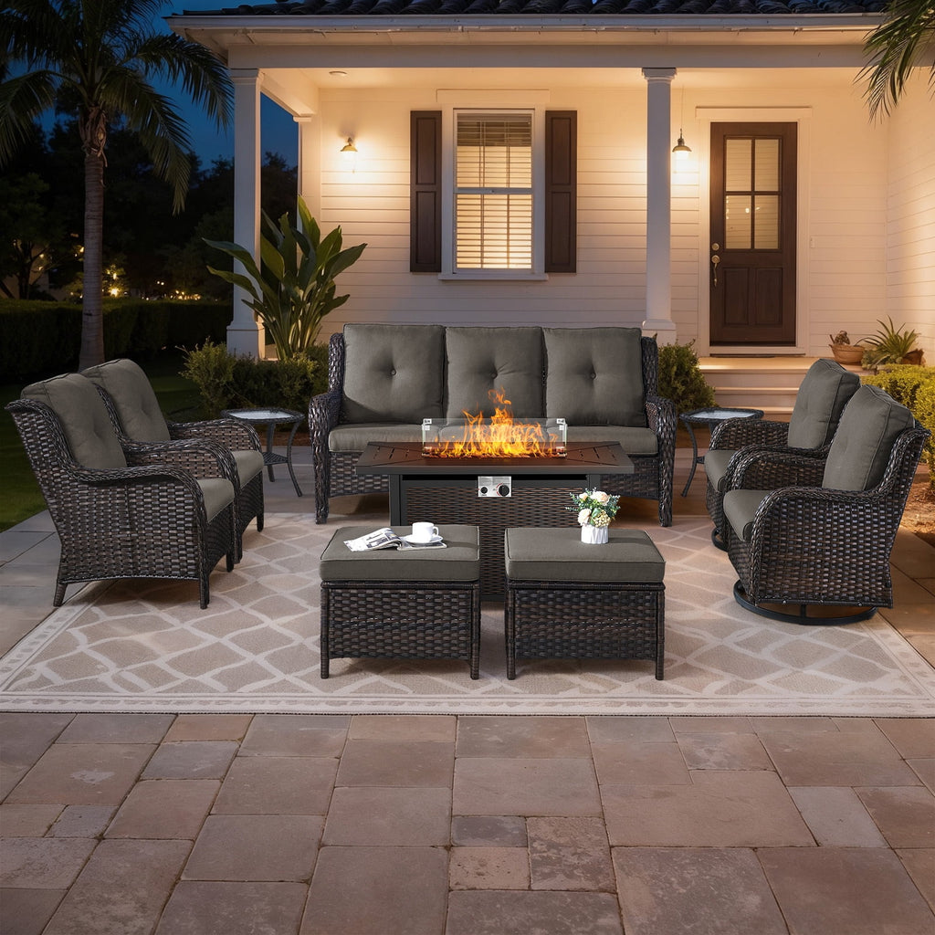 Bellefurn Outdoor Patio Furniture Sets with Swivel Rocker Chairs,3-Seat Sofa and Ottoman High-Back Rattan Patio Conversation Sets for Porch Deck Backyard Poolside
