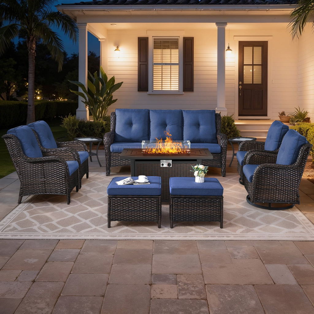 Bellefurn Outdoor Patio Furniture Sets with Swivel Rocker Chairs,3-Seat Sofa and Ottoman High-Back Rattan Patio Conversation Sets for Porch Deck Backyard Poolside