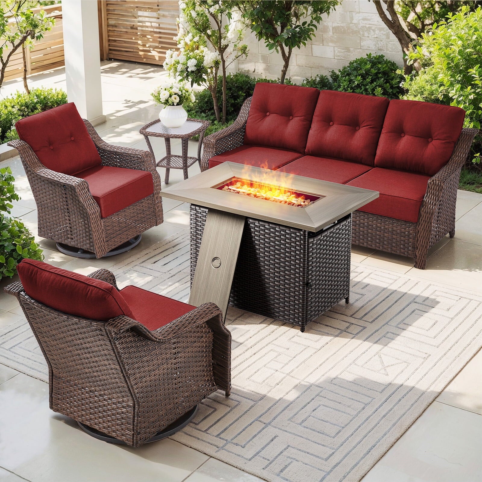 Luxury High Back Outdoor Furniture Set with 6 inch Thick Cushion,Patio Furniture Set with Swivel Rocker Chair,Sofa and Coffee Table,5 PCS Wicker Conversation Set for Yard,Deck,Poolside