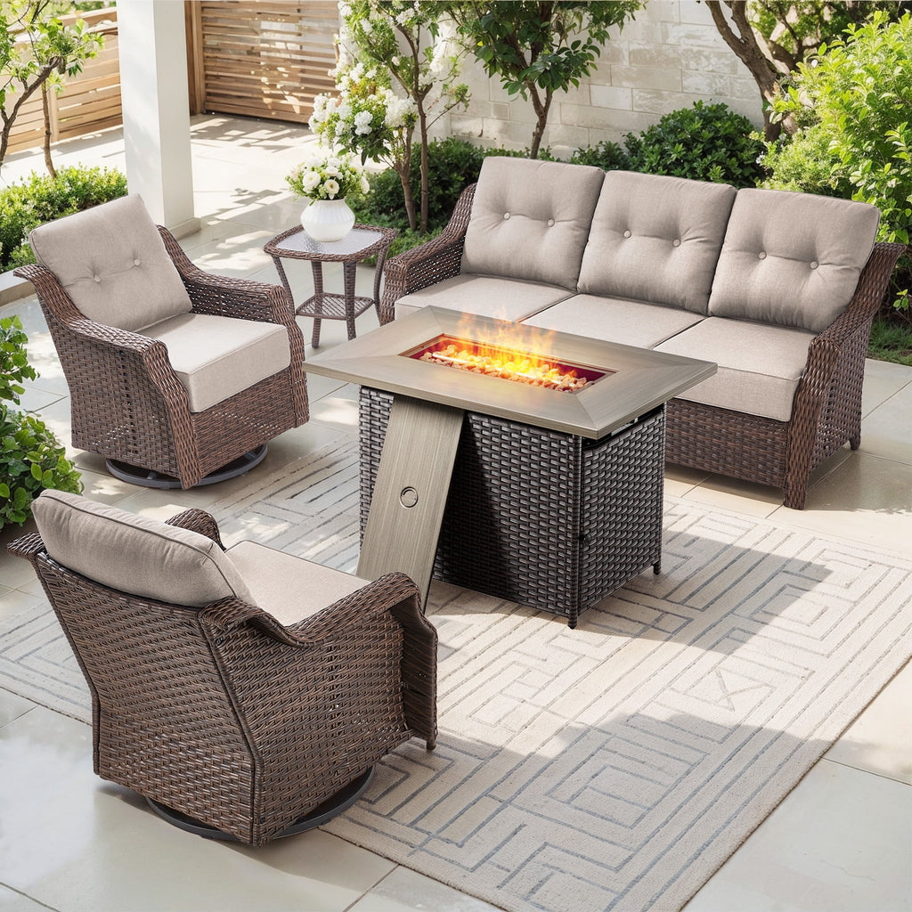 Luxury High Back Outdoor Furniture Set with 6 inch Thick Cushion,Patio Furniture Set with Swivel Rocker Chair,Sofa and Coffee Table,5 PCS Wicker Conversation Set for Yard,Deck,Poolside