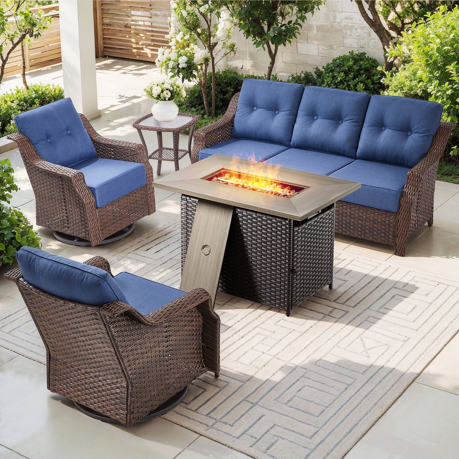Luxury High Back Outdoor Furniture Set with 6 inch Thick Cushion,Patio Furniture Set with Swivel Rocker Chair,Sofa and Coffee Table,5 PCS Wicker Conversation Set for Yard,Deck,Poolside