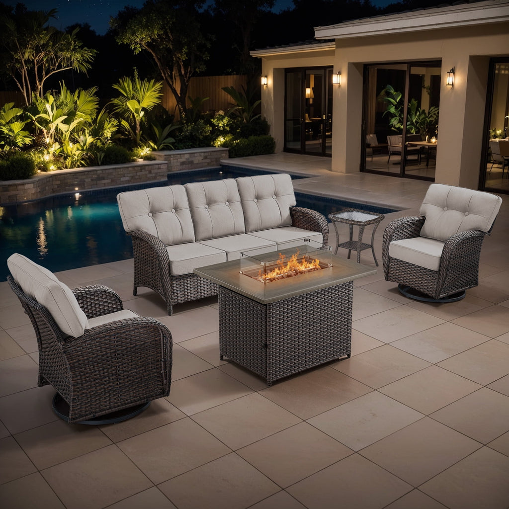 Luxury 6 Piece Outdoor Patio Wicker Furniture Sets with Swivel Rocker Patio Chairs,Sofa and Ottomans,High Back Outdoor Conversation Set for Porch Balcony Deck