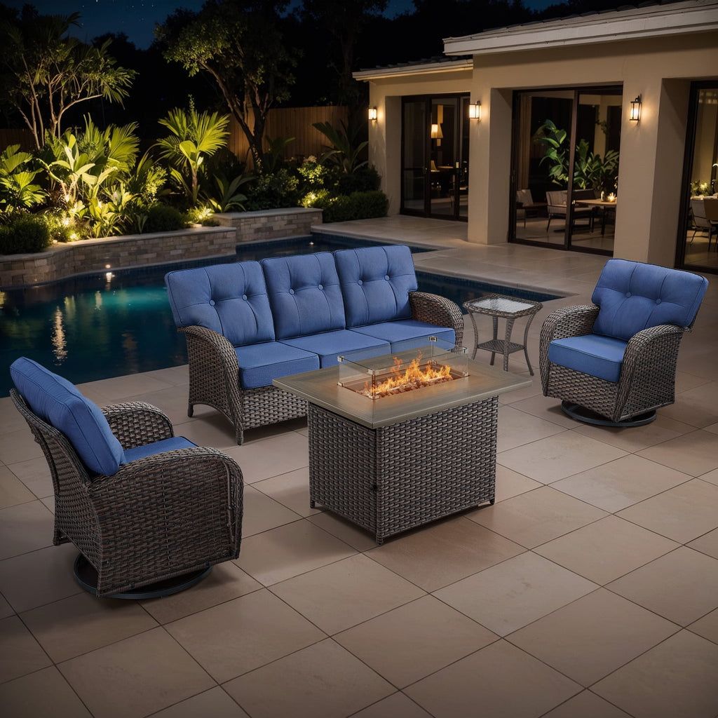 Luxury 6 Piece Outdoor Patio Wicker Furniture Sets with Swivel Rocker Patio Chairs,Sofa and Ottomans,High Back Outdoor Conversation Set for Porch Balcony Deck
