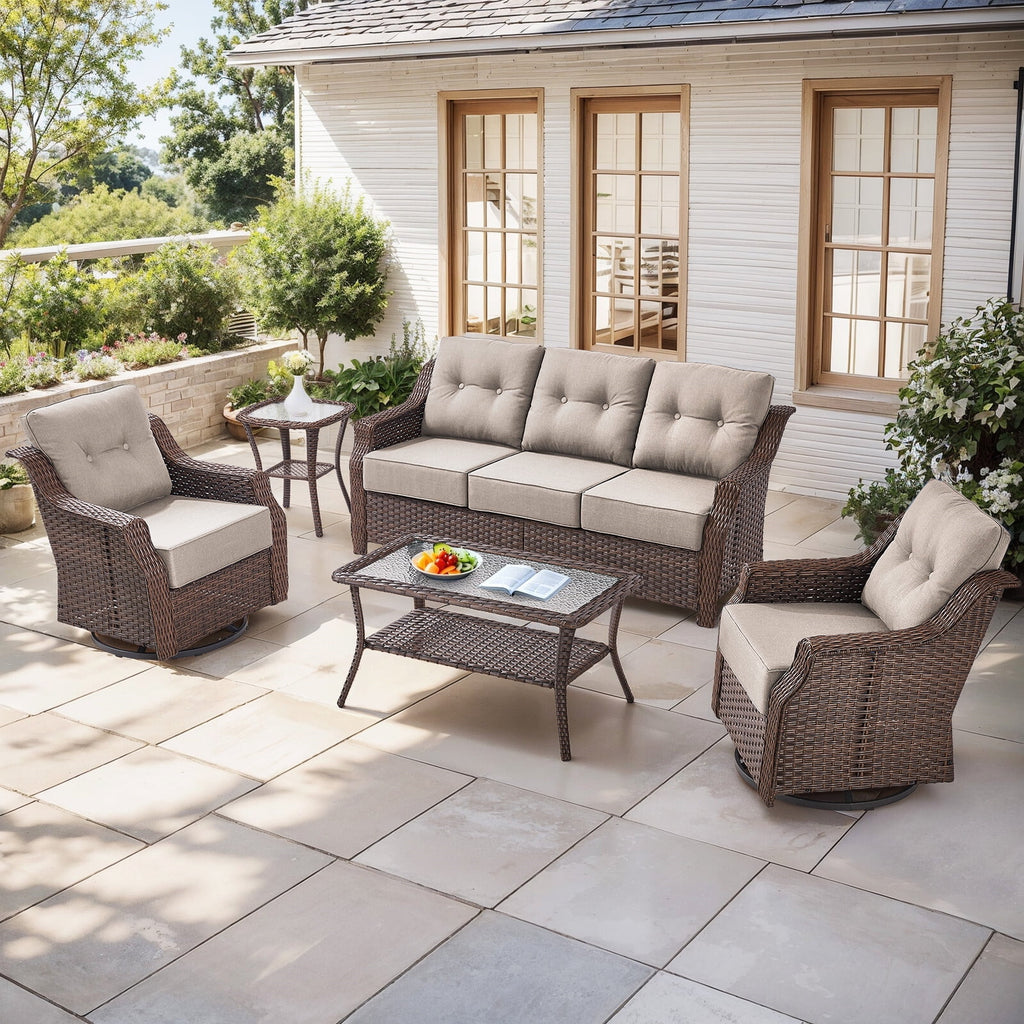 Luxury High Back Outdoor Furniture Set with 6 inch Thick Cushion,Patio Furniture Set with Swivel Rocker Chair,Sofa and Coffee Table,5 PCS Wicker Conversation Set for Yard,Deck,Poolside
