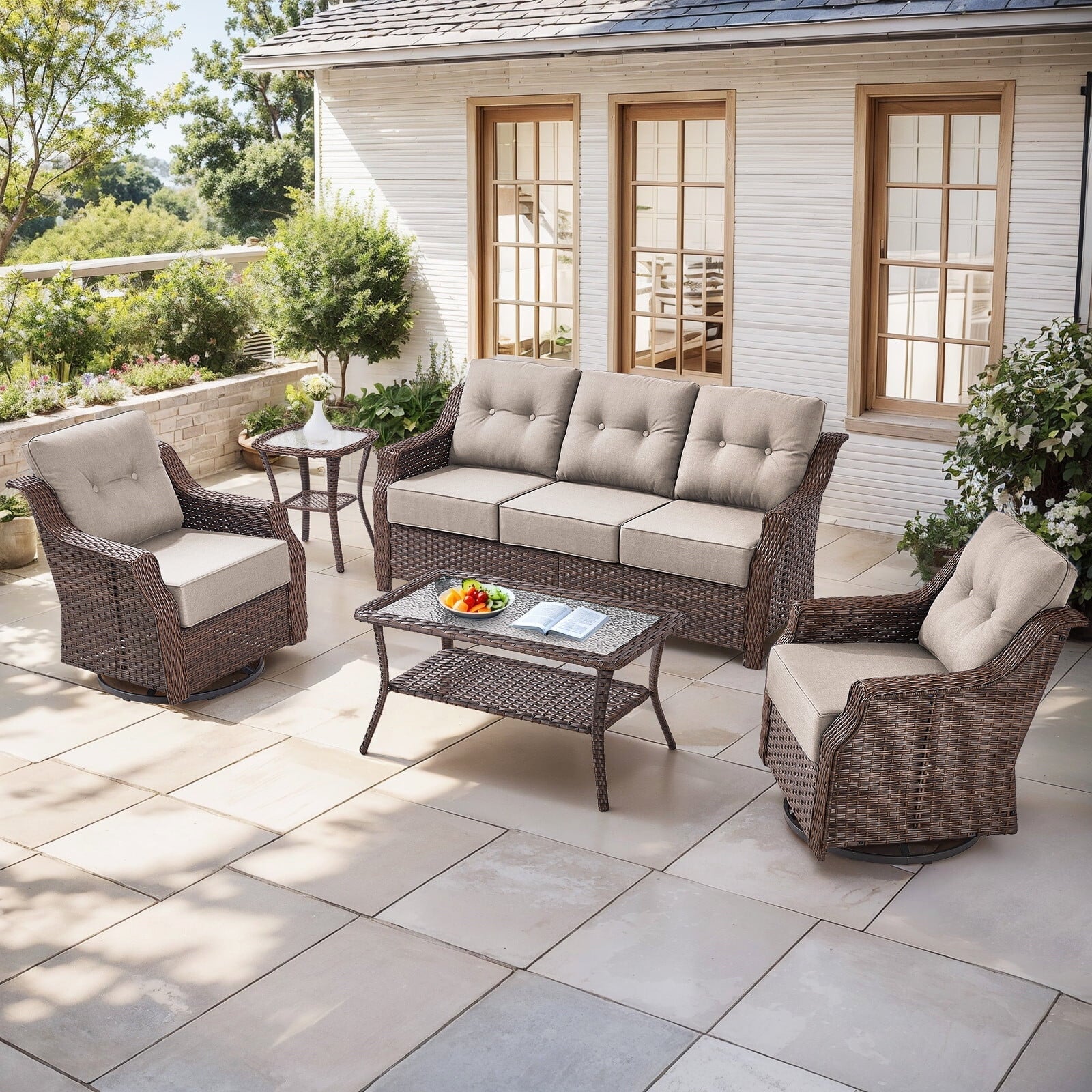 Luxury High Back Outdoor Furniture Set with 6 inch Thick Cushion,Patio Furniture Set with Swivel Rocker Chair,Sofa and Coffee Table,5 PCS Wicker Conversation Set for Yard,Deck,Poolside